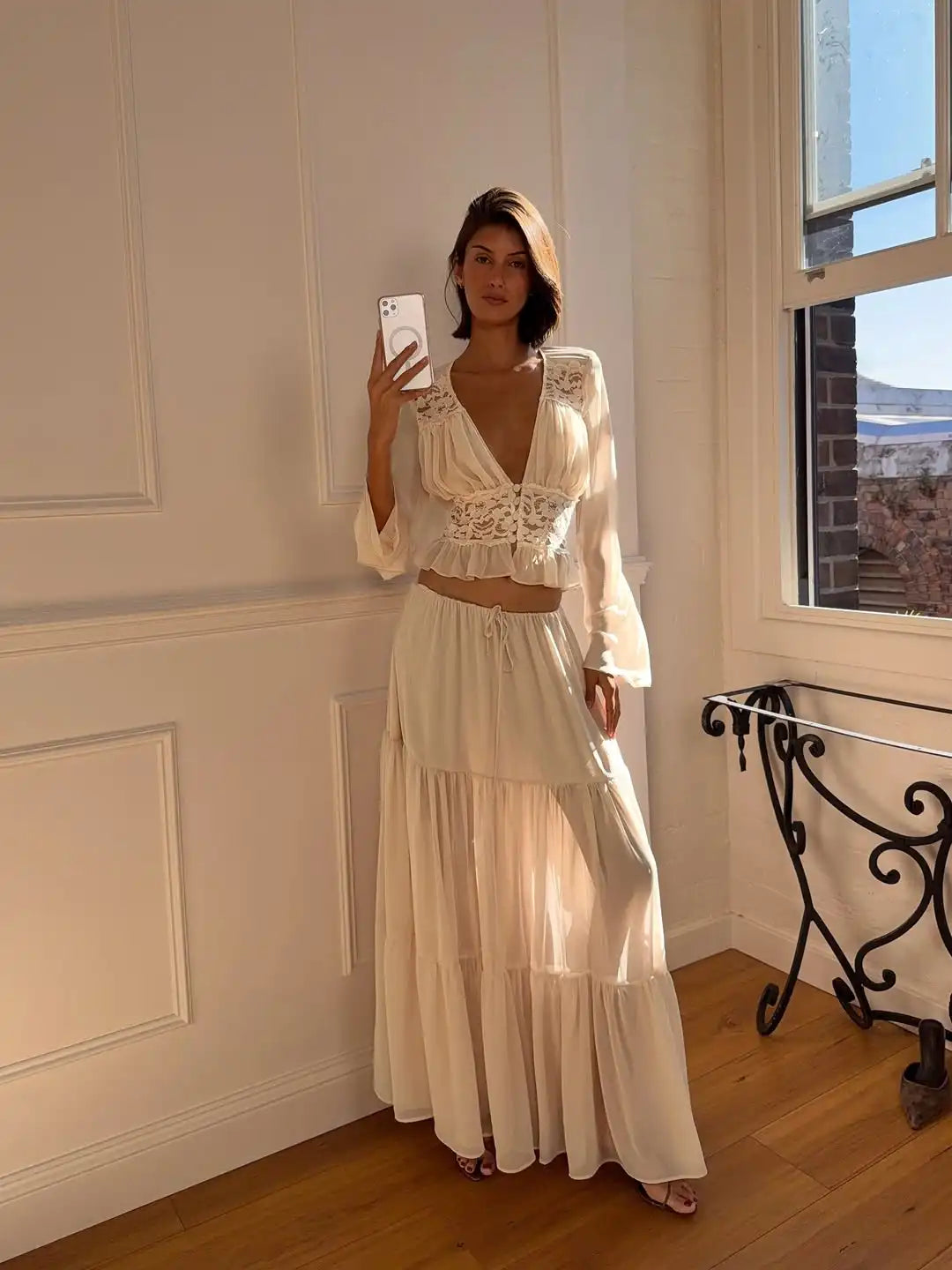 Aurelia Chiffon Lace Long-Sleeve Maxi Skirt Set Two-piece