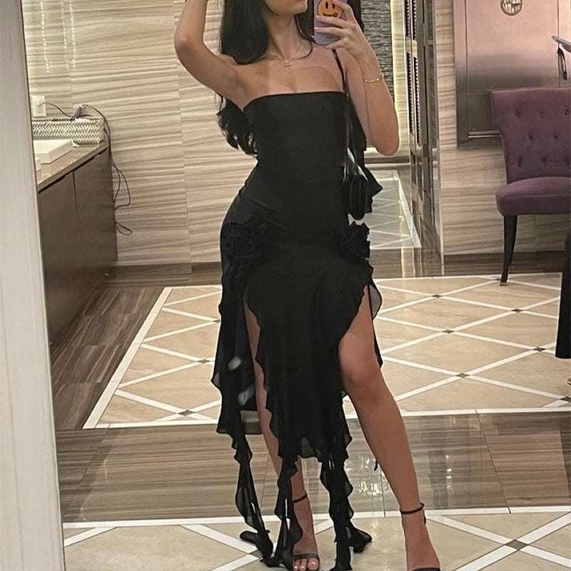 Luna Asymmetric Ruffle Slit Maxi Dress One-piece