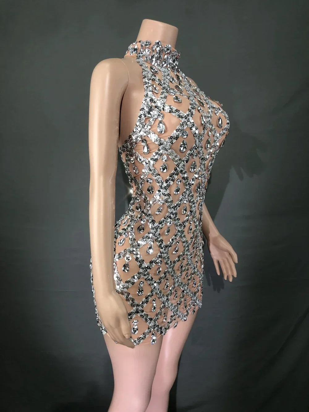 Adara Crystal Sequin Sheer Performance Mini Dress