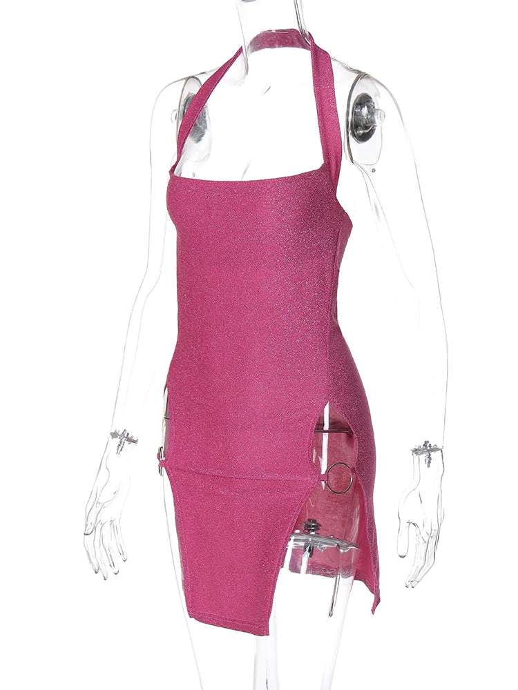 Roxy Metallic O-Ring Split Halter Mini Dress