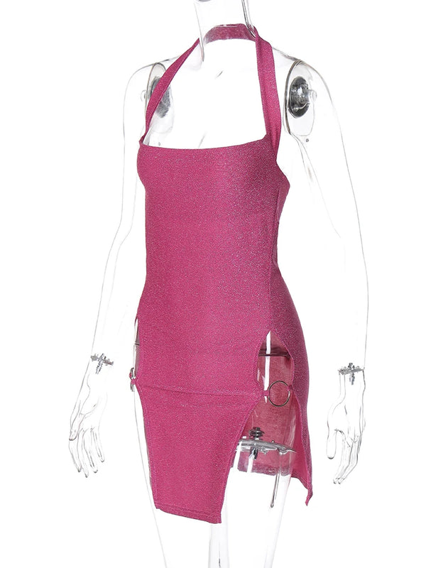 Roxy Metallic O-Ring Split Halter Mini Dress