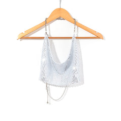 Leqoel Rhinestone Tops for Women 2022 Fashion Sleeveless Halter Hollow Out Shiny Metal Cropped Mesh Tank Sexy Backless Top