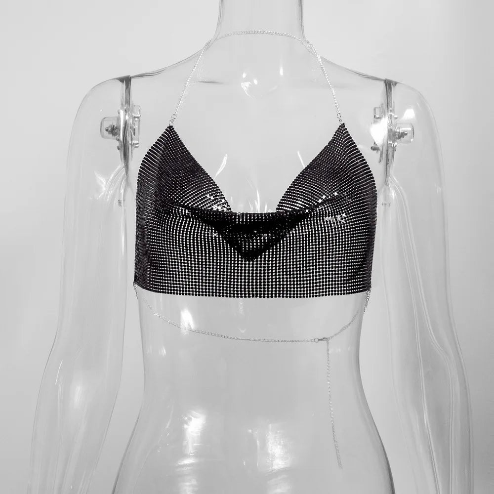 Electra Metallic Sequin Halter Backless Crop Top One-piece