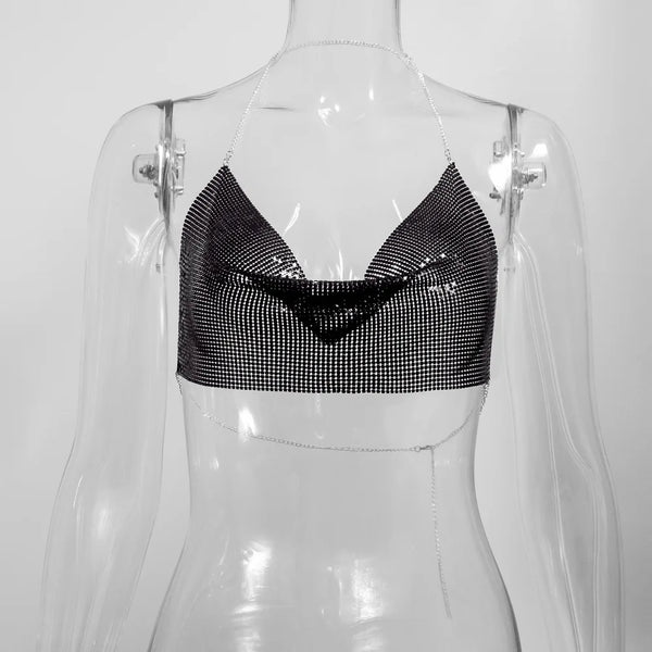 Electra Metallic Sequin Halter Backless Crop Top One-piece