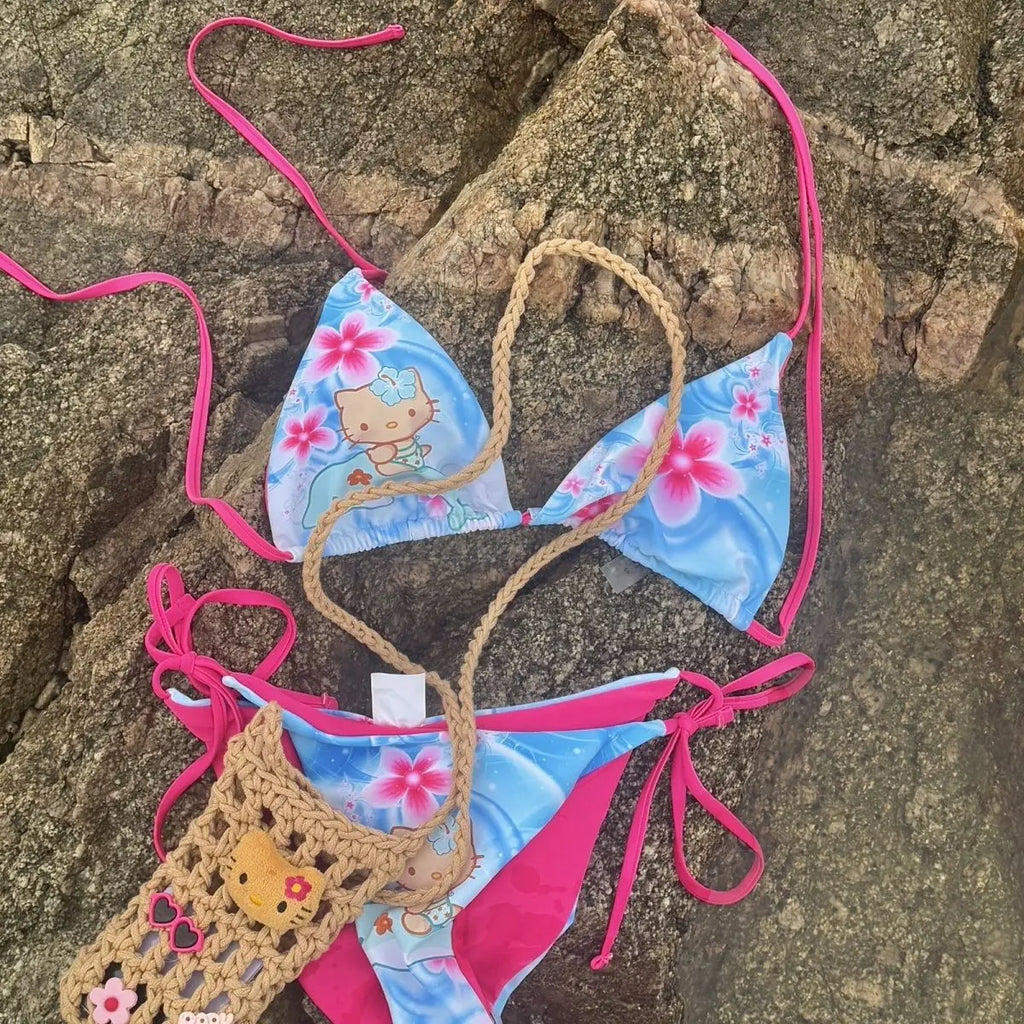 Kawaii Japanese Hello Kittys Hot Girl Split Strap Summer Women's Bikini Seaside Fashion Resort Swimsuit Leopard Print Cartoon