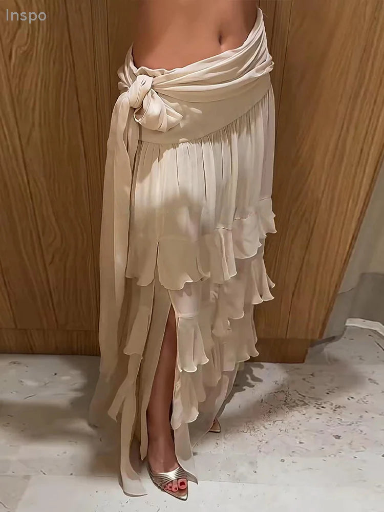 Leokadia Layered Ruffle Tiered Tie-Waist Side-Slit Maxi Skirt One-piece