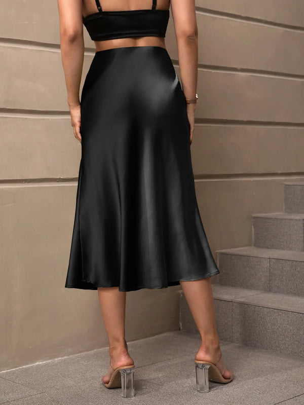 European and American style satin skirt, elegant spring and summer style, polyester mid length A-line skirt