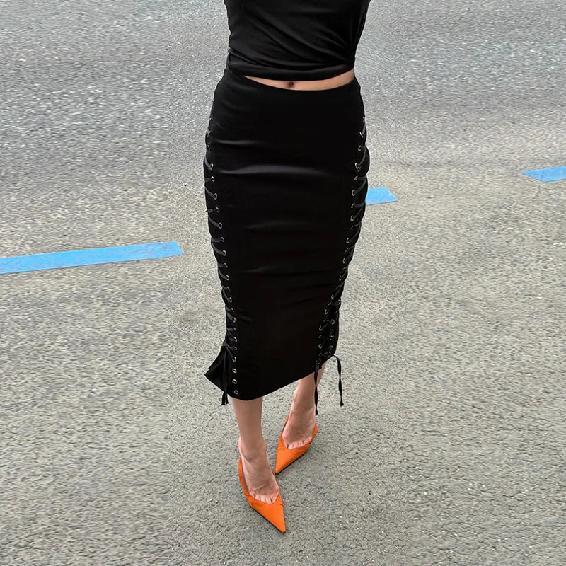 Dorota Side Lace-Up High-Waist Midi Pencil Skirt One-piece