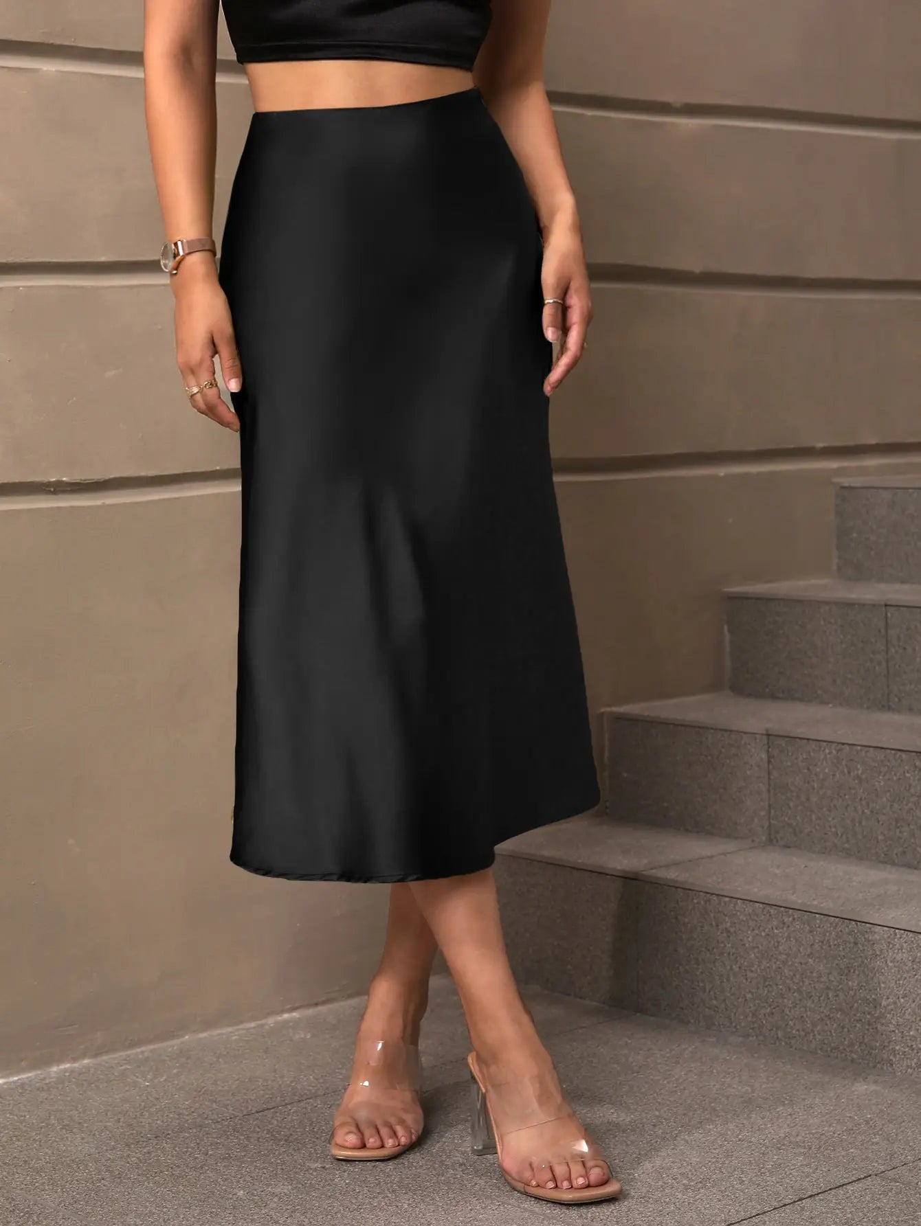 European and American style satin skirt, elegant spring and summer style, polyester mid length A-line skirt