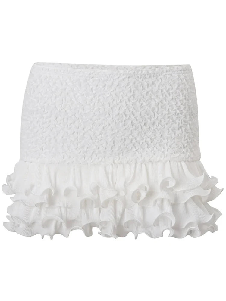 Rosamunde White Ruffle Low-Neck Crop Top & Mini Skirt Two-piece