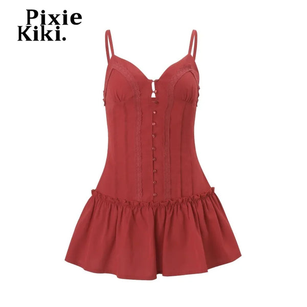 PixieKiki Spaghetti Strap Deep V Neck Pleated Mini Dress Sexy Red Summer Dresses Trendy Clothes Woman 2026 P33-EE12
