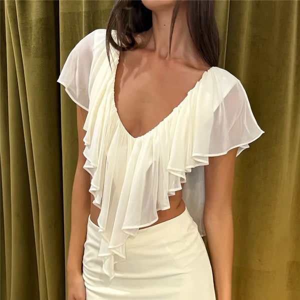 hirigin French Coquette Ruffle Blouse V Neck Open Back Flowy Short Sleeve Top with Tiered Layers Date Night Party Summer Outfits