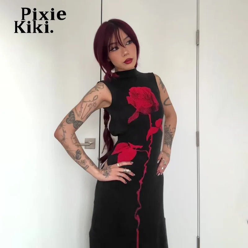 PixieKiki Rose Print Black Gothic Dress Dark Academia Sleeveless Backless High Split Long Dresses Woman Clothes P65-EE24