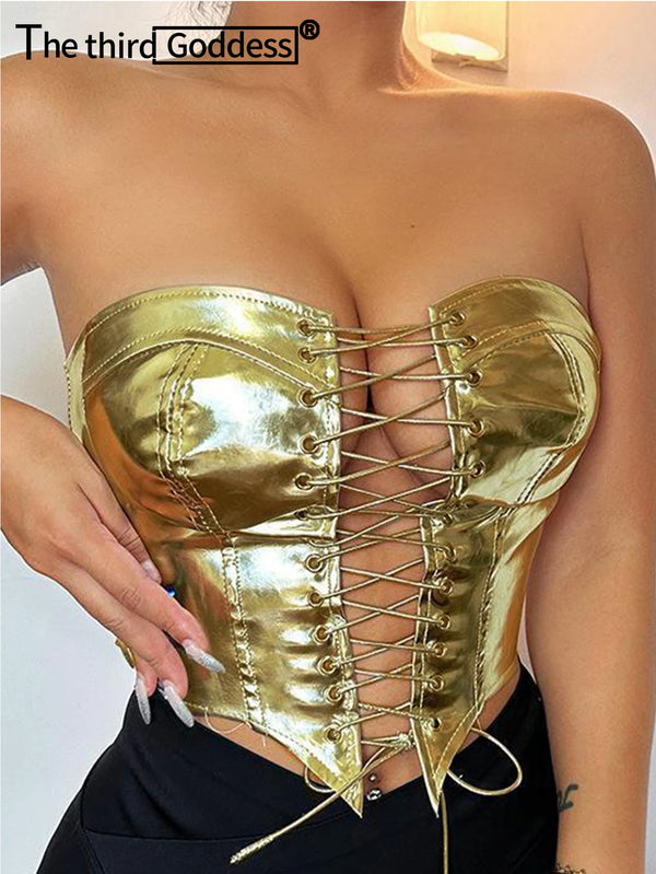 Sylvie Metallic PU Leather Corset Crop Top
