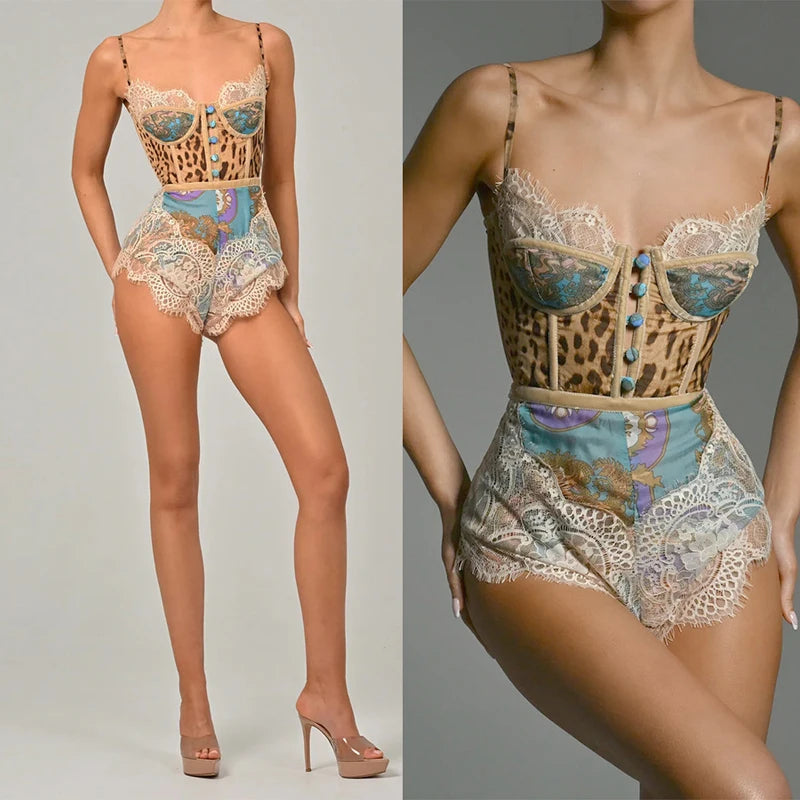 Rosaline Lace-Trim Print Bustier Romper One-piece