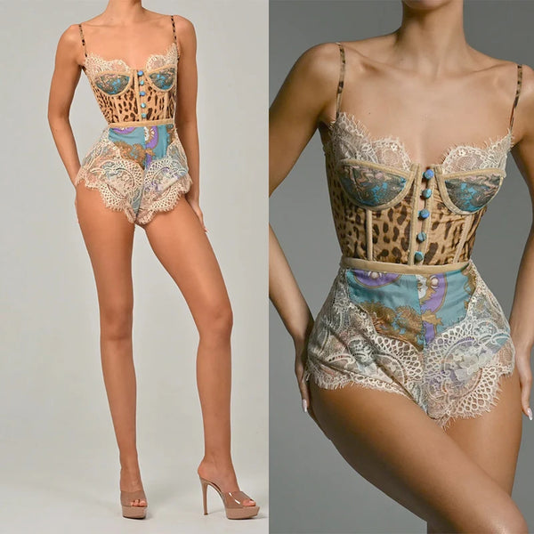 Rosaline Lace-Trim Print Bustier Romper One-piece