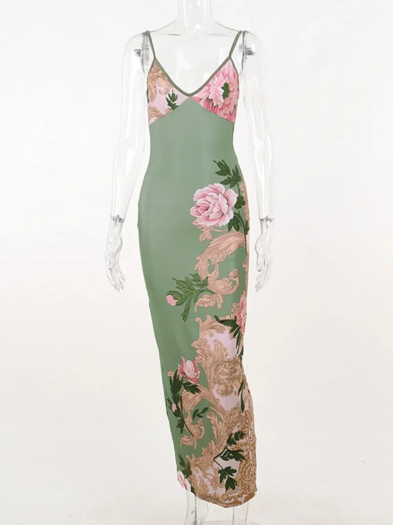 Adalgisa Floral Print V-Neck Cami Backless Bodycon Maxi Dress