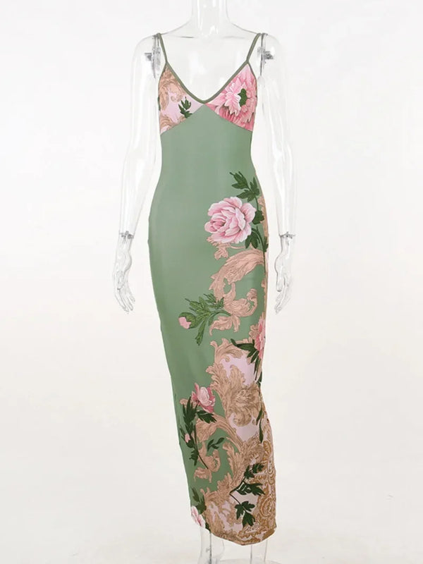 Adalgisa Floral Print V-Neck Cami Backless Bodycon Maxi Dress
