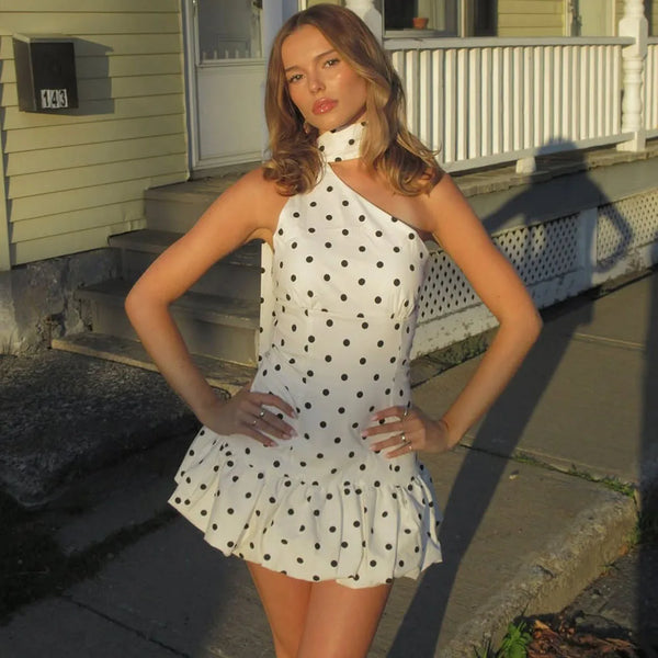 Isabella Riviera Polka Dot One-Shoulder Halter Ruffle Mini Dress