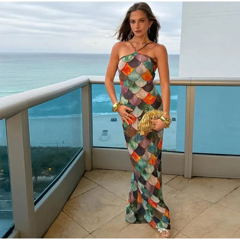 Gwenllian Harlequin Print Halter Slip Maxi Dress