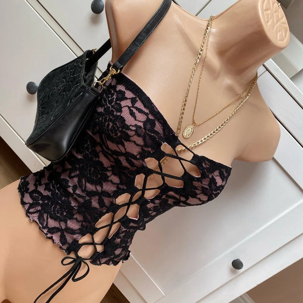 Aria Noir Lace-Up Floral Lace Top One-piece