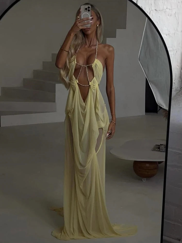Kira Chain-Halter Mesh Maxi Dress