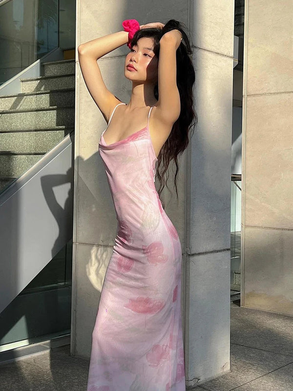 Blossom Printed-Mesh Cami Bodycon Midi Dress
