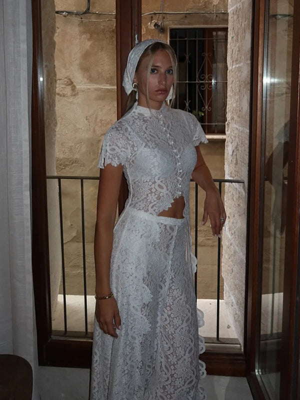 Fiora Sheer Floral-Lace Wide-Leg Pants Set Two-piece