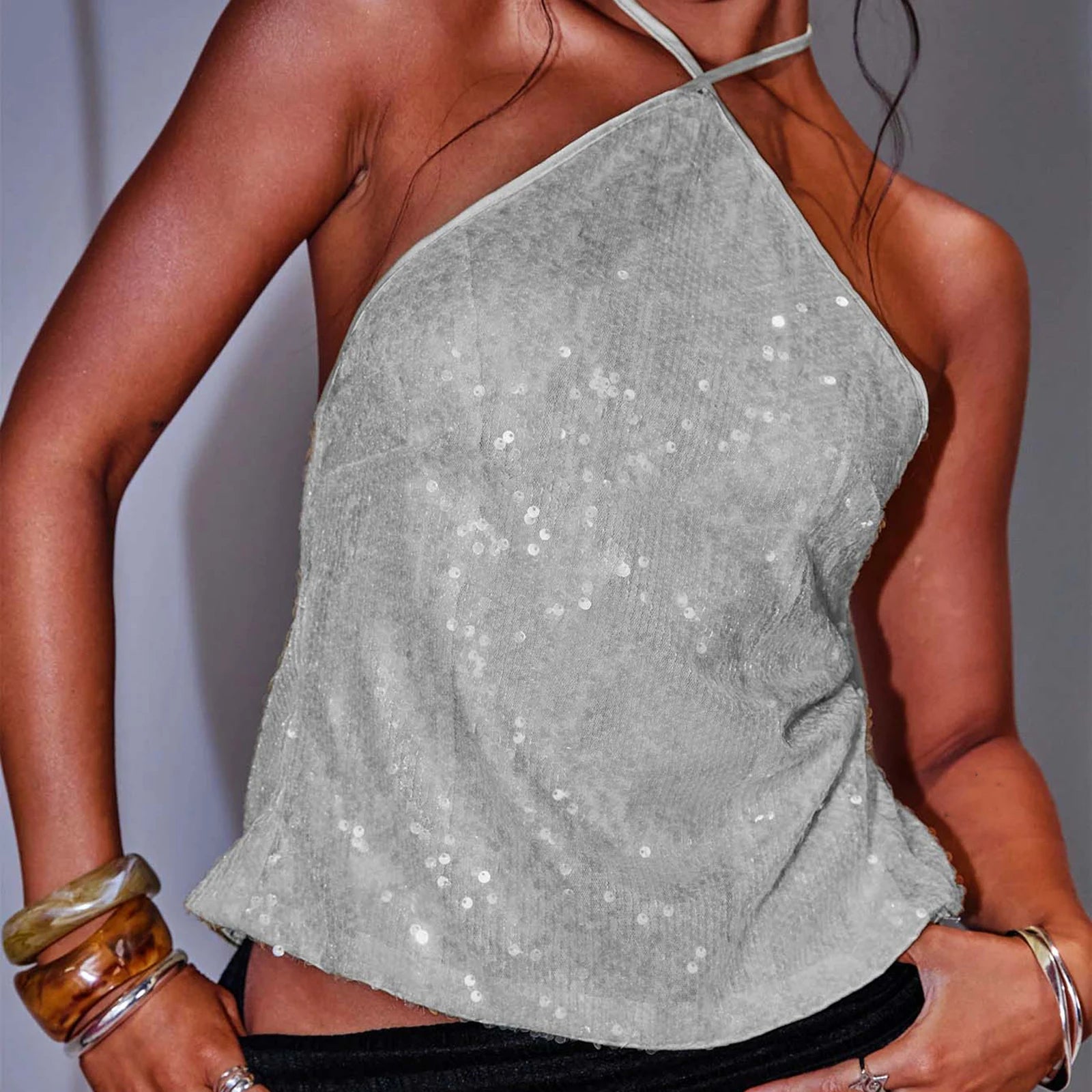 Sasha Sequin Tie-Up Halter Backless Crop Top