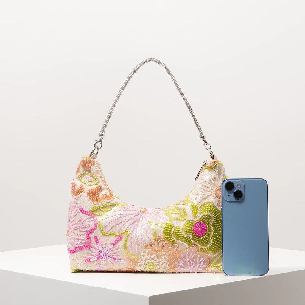 Florentina Floral Sequin Embroidered Half-Moon Shoulder Bag
