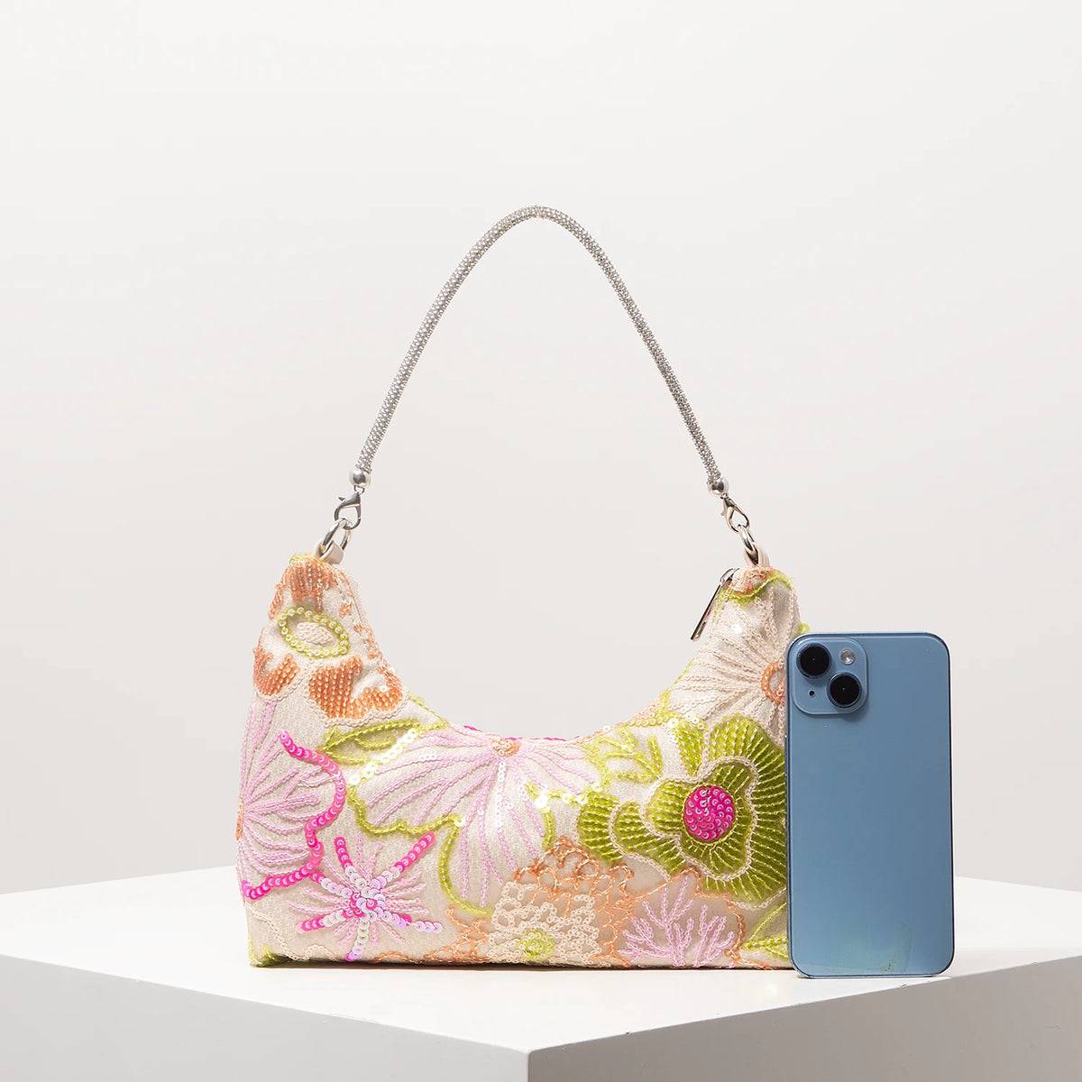 Florentina Floral Sequin Embroidered Half-Moon Shoulder Bag
