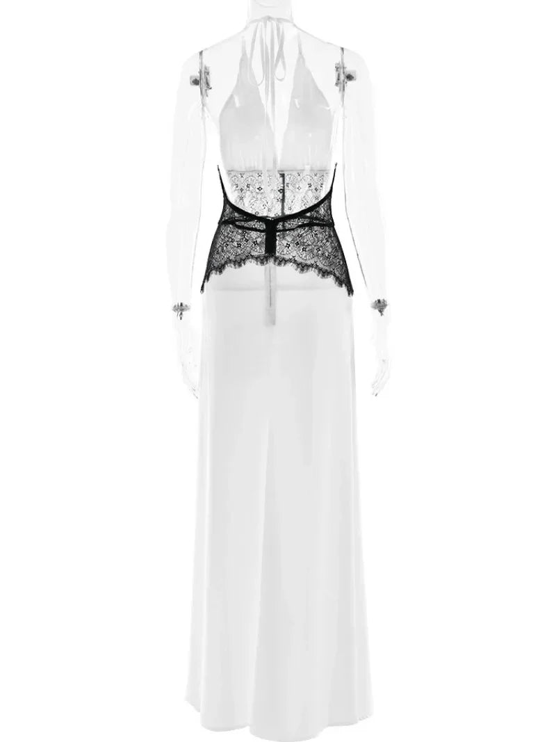 Pervinca Lace-Panel Satin Plunge Halter Backless Maxi Dress