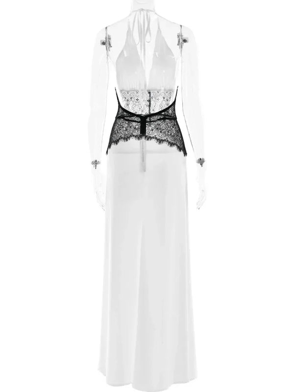 Pervinca Lace-Panel Satin Plunge Halter Backless Maxi Dress