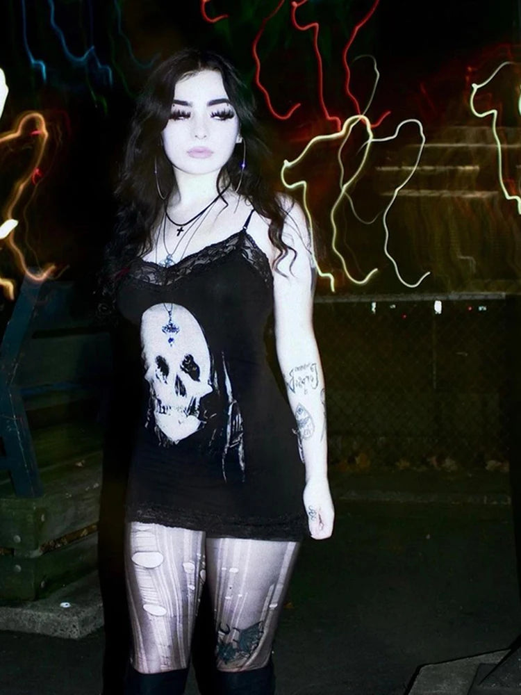 Nyx Skull-Print Gothic Bodycon Mini Dress