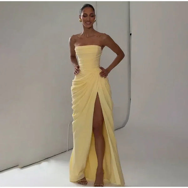 Elise Strapless Pleated Slit Maxi Dress