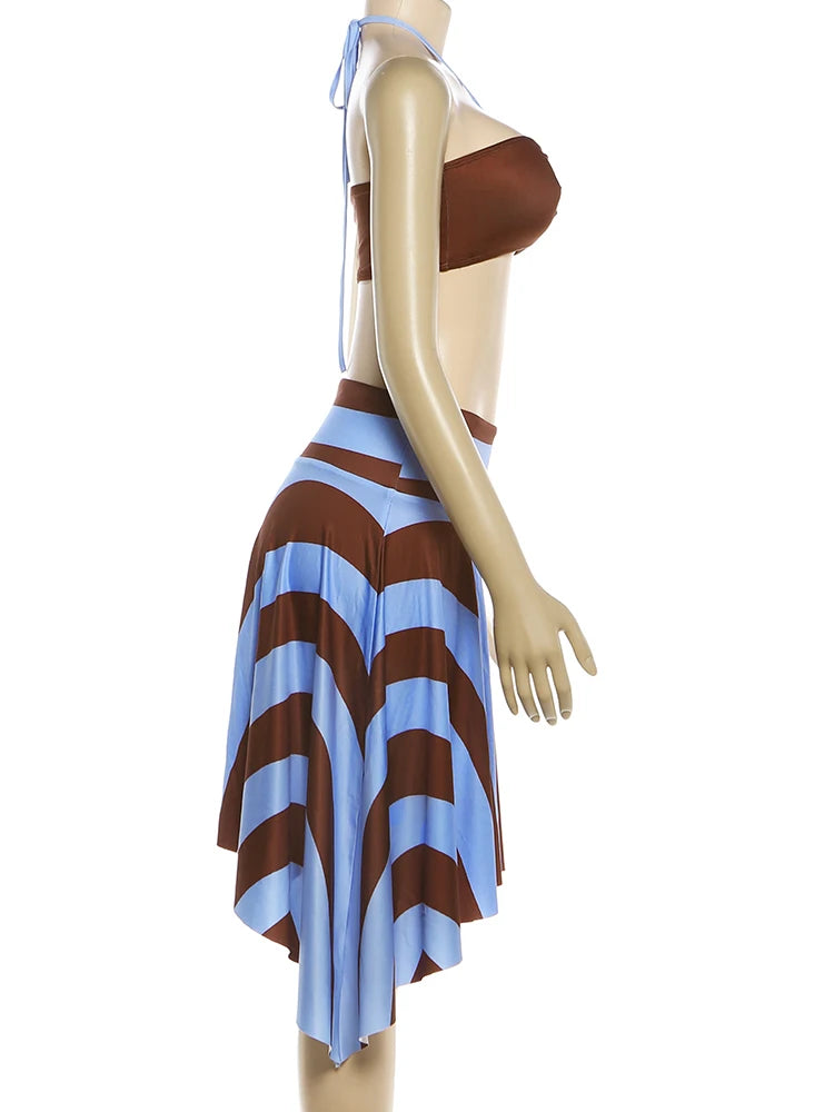 Kliou Beach Sexy Style 3 Piece Set Woman Halter Rope+Wrap Chest Tops+Stripe Patchwork Mid Skirts Summer Holiday Fashion Outfits