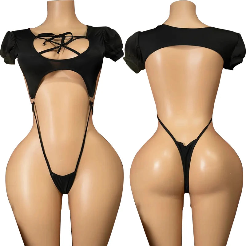 Erotic Crotchless Lingerie Women Hollow Bodysuit One Pieces Thong Sexy Costumes Deep V Neck Teddy Babydoll Dress Porno Underwear