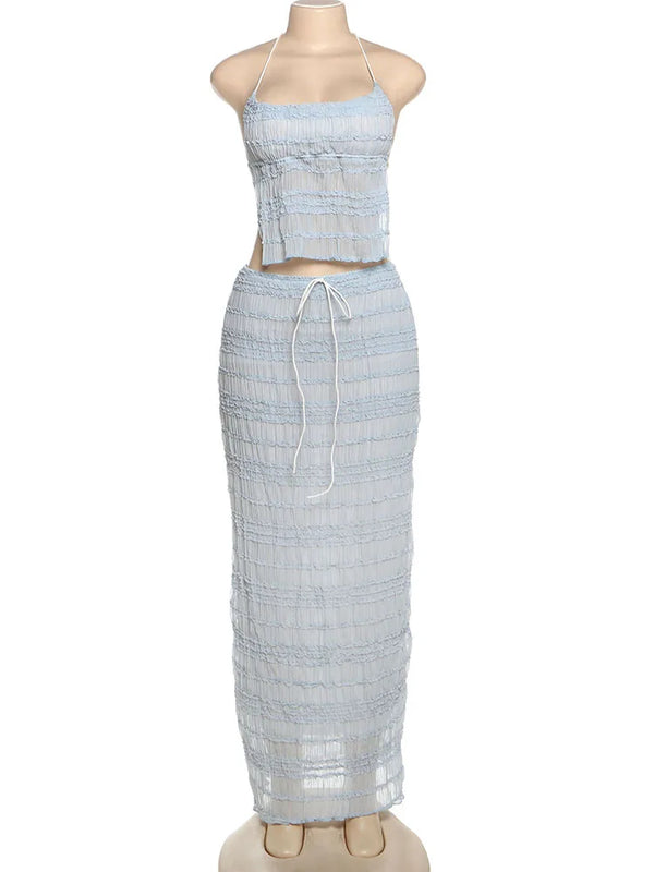 Oksana Sheer Crinkle Mesh Halter Lace-Up Crop Top & Maxi Skirt Two-piece