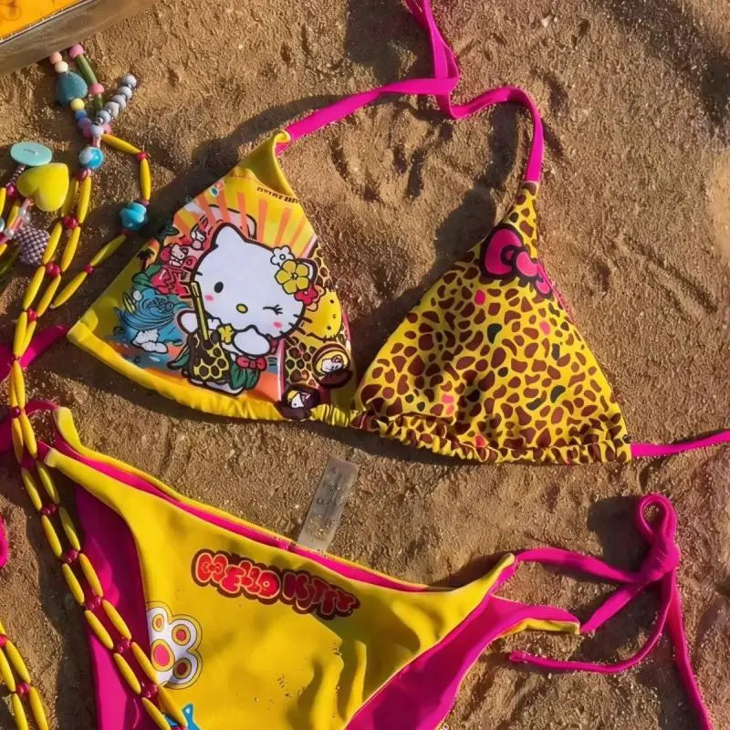 Kawaii Japanese Hello Kittys Hot Girl Split Strap Summer Women's Bikini Seaside Fashion Resort Swimsuit Leopard Print Cartoon