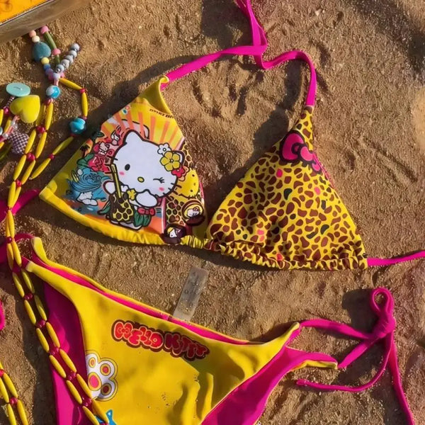 Kawaii Japanese Hello Kittys Hot Girl Split Strap Summer Women's Bikini Seaside Fashion Resort Swimsuit Leopard Print Cartoon