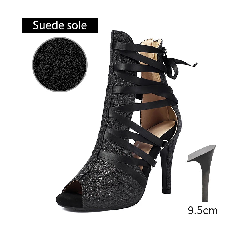 DKZSYIM Women Dance Boots Girls Ladies Jazz Dancing Shoes Thin Heels Glitter Shining Latin Indoor Party Dance Shoes Personalized