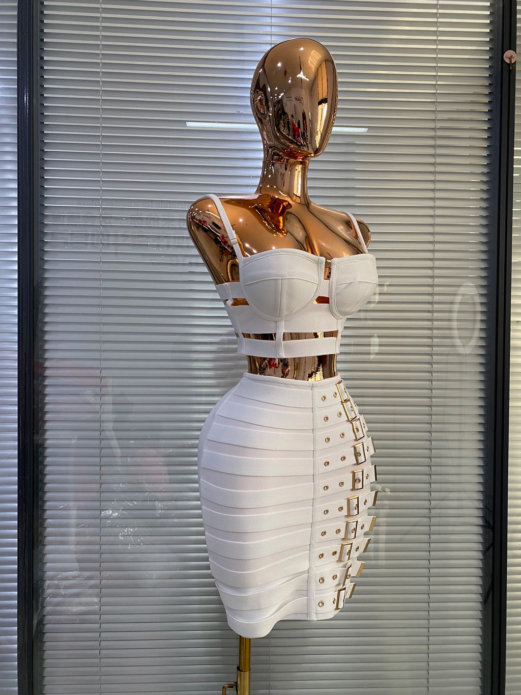 Ilsabet Buckle-Trim Bandage Bustier Crop Top & Pencil Skirt Two-piece