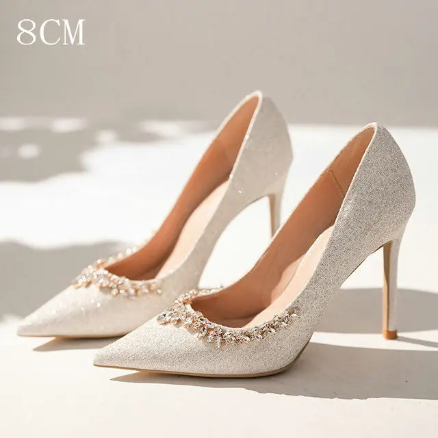 2025 New French Stiletto Heels Pointy Head Shallow Mouth Shoes Rhinodiamond-Edged Korean Version White Crystal Wedding Pumps