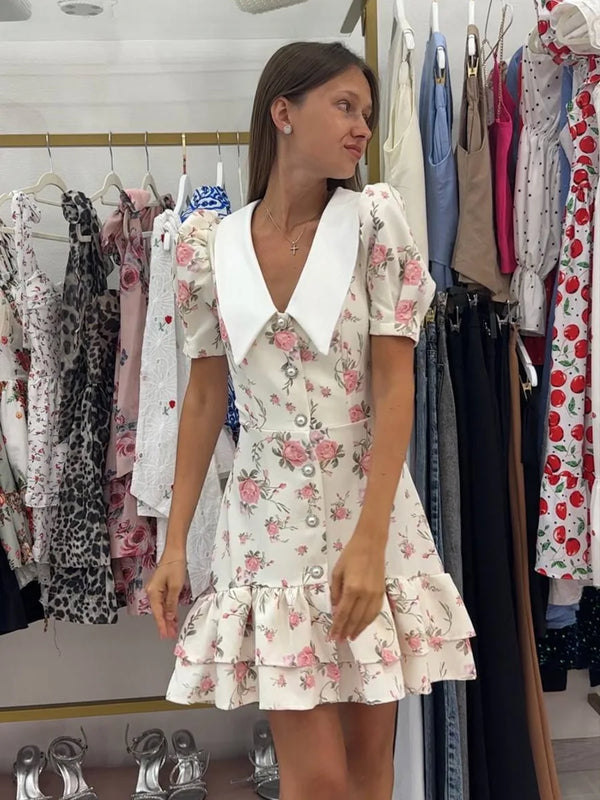Gisella Floral Collared Puff-Sleeve Pearl-Button Ruffle Mini Dress