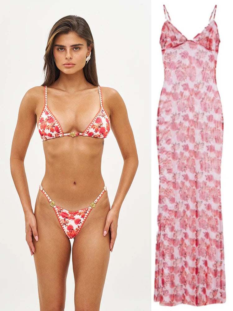 Marisa Red Floral String Bikini & Mesh Cover-Up Dress Collection