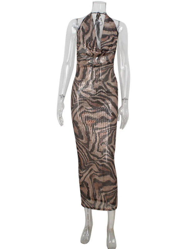 Savannah Leopard Halter Backless Maxi Dress