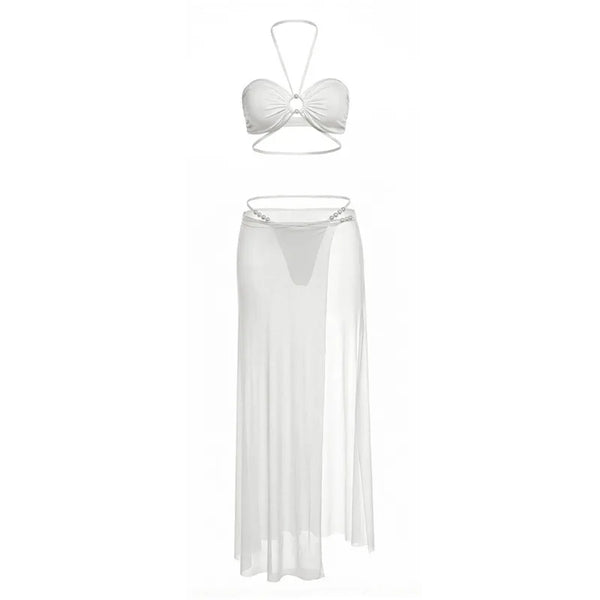 Pearl White Halter Bikini & Maxi Cover-Up Set Three-piece