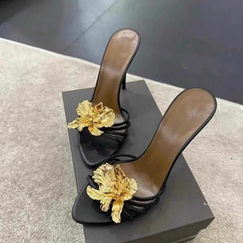 Rosette Metal-Flower Stiletto Sandals