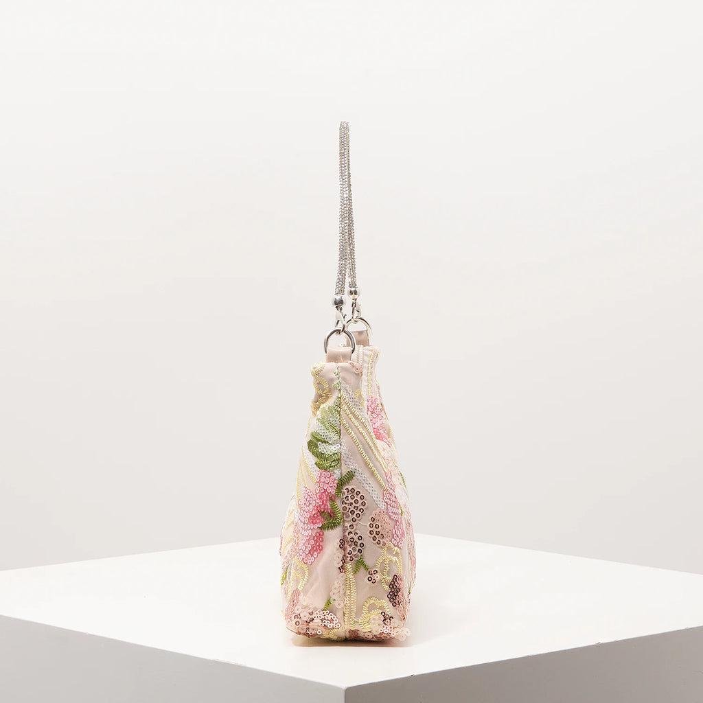 Florentina Floral Sequin Embroidered Half-Moon Shoulder Bag