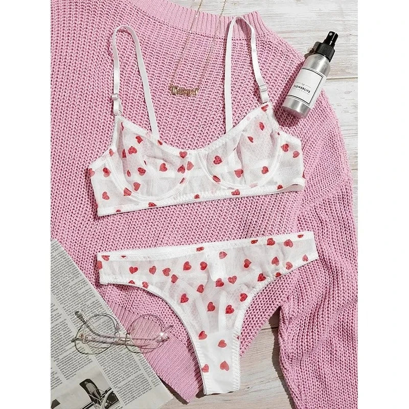 Ingeborg Heart Print Sheer Mesh Underwire Bra & Brief Lingerie Two-piece